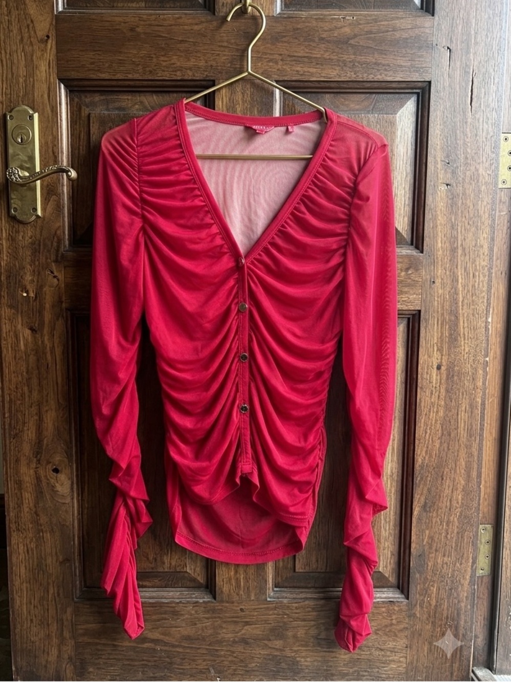 GUESS dark pink Ruched Mesh Button-Front V-Neck Top - Picture 1 of 4
